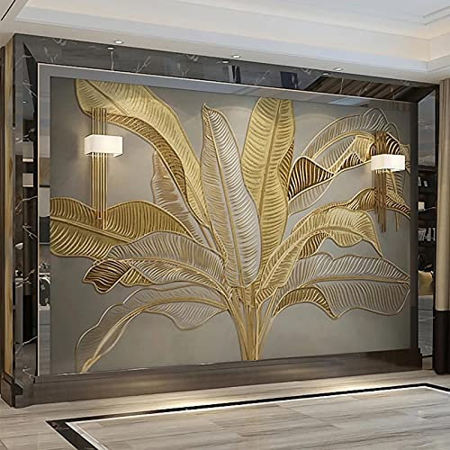 Mural 3D de hojas de plátano en relieve dorado para decoración del hogar, para fondo de TV, arte de pared, moderno y elegante