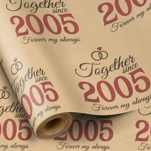 RUSPEPA 20:e bröllopsdag omslagspapper, presentinslagningspapper, rulle, kraftpapper Together Since 2005 textdesign för Kina årsdag, fest, minirulle, 43,2 cm x 5 m