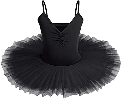 IWEMEK Ballet Tutu Dress Girls Swan Lake Ballet Dance Dress V Neck Sleeveless Spaghetti Strap Skating Gymnastics Children Dancewear Fairy Swan Dance Performance Ballroom Dresses Black 9-10 Years