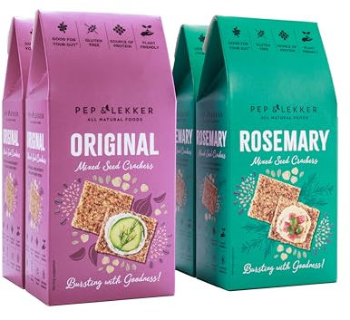 Pep & Lekker Gluten Free Crackers, Seed Crackers, Plant Based, No Added Sugar, Gut Health, High Fibre, All Natural, Vegan, Gluten Free Snacks, Original and Rosemary Variety Pack (4 x 110g)