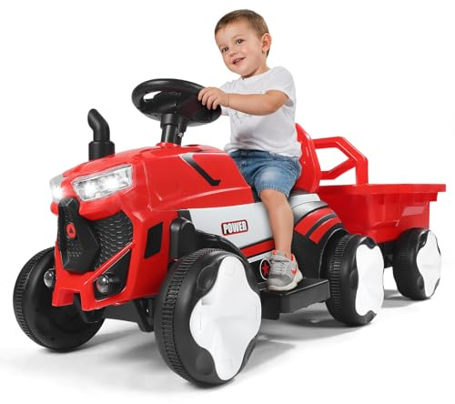 Coche Eléctrico para Niños,Tractor de 12 V y 3 velocidades con Remolque Desmontable y Control Remoto de 2.4 G, Ideal para niños. Incluye Luces LED, música, bocina y Funciones USB. (Rojo)