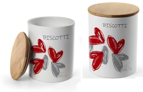 UTILISSIMI EDITACASA Biscottiera in Ceramica con Coperchio in Legno, Design Love Me, Contenitore Ermetico Rotondo, 13x17 cm, Bianco