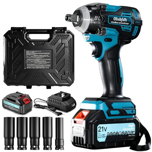 Olubfdh Clé à Chocs Sans Fil Brushless, avec 4.0 Ah Batteries, Couple Maximal 1200 Nm, avec 5 Douilles à Chocs, chargeur rapide, 21V Visseuse à Chocs pour Voiture Familiale/Camionnette/Tondeuse