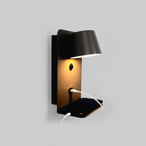 BARCELONA LED - Aplique de Pared con USB Baskop – Lámpara de Lectura LED 6W Orientable – Luz Cálida para Dormitorio – Estante Integrado – Aplique de Cabecera Moderna en Color Negro