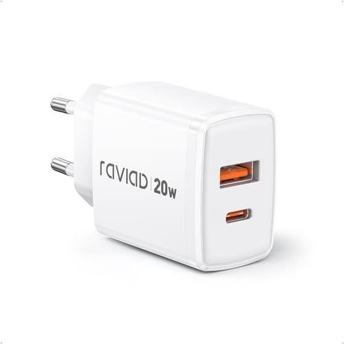 RAVIAD 20W Caricatore USB C, Caricabatteria Tipo C a 2 Porte (USBA + USBC), Caricabatteria Carica Rapida Compatibile con iPhone 16 15 Pro Max, Galaxy S25 S24 S23, iPad Pro, Macbook
