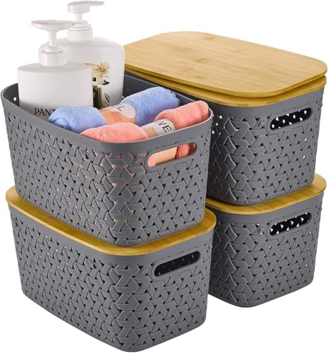 Sagittar Juego de 4 cajas de almacenamiento con tapa de bambú, cestas de almacenamiento de plástico, cestas de ratán de imitación, cajas de almacenamiento minimalistas para escritorios, mesas de