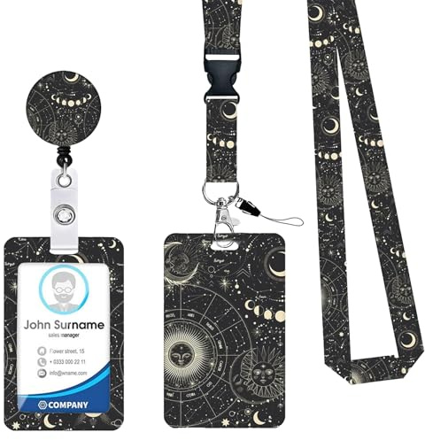 LEBKFT Cordon rétractable avec porte-cartes, motif ciel étoilé noir, bobine de badge réglable pour bureau, enseignant, infirmière, étudiant avec tour de cou amovible (noir)