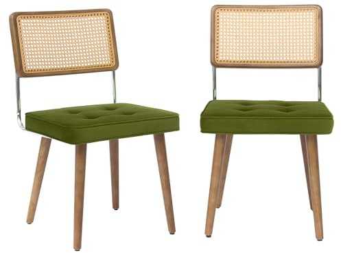 RBFGYIOP Set di 2 sedie da pranzo in rattan naturale – Stile moderno – Schienale alto intrecciato – Gambe in legno massello – Seduta imbottita in velluto verde – Ideali per cucina, sala da pranzo o