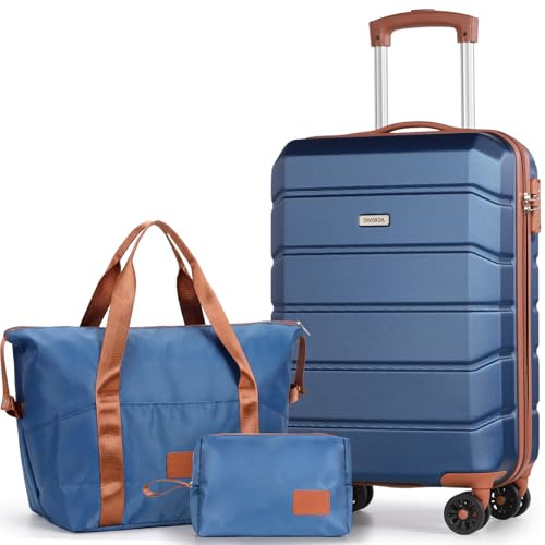 Tavoxda Cabin Suitcase Hand Small Luggage Carry On Suitcase, ABS Hard Shell Spinner Wheels with Travel Tote and Toiletry Bag, 20Inch Set, Blue