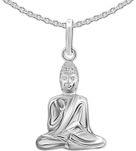 CLEVER SCHMUCK Set Silver Pendant Small Buddha 16 x 13 mm Sitting Shiny Polished with Pea Chain 42 cm Sterling Silver 925, Glossy, Buddha