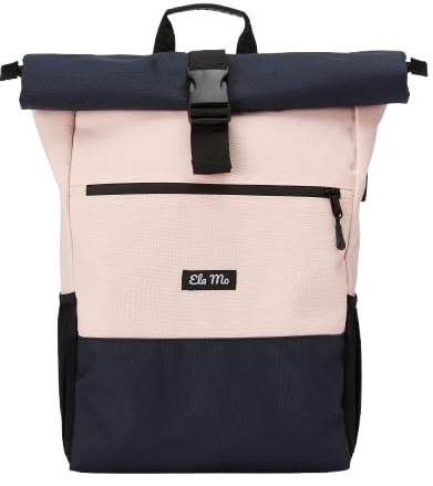 Ela Mo® Rolltop Rucksack Damen - Rollrucksack Anti Diebstahl für Sport & Reisen - Laptoprucksack für Schule, Uni, Business - Mit USB Anschluss & kompaktem Flaschenhalter - Pink & Blue