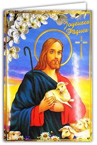 62-1010-B Carte Joyeuses PÂQUES en Or Doré Brillant et Enveloppe Blanche - Croix Religion Catholique Jésus Christ bon berger pasteur agneau moutons troupeau Fleurs Fête Printemps