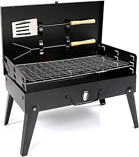 PBUK Black Iron Charcoal BBQ Grill with Accessories Portable Folding Outdoor Barbecue Adjustable Height Garden Decking Camping Beach Patio Entertaining