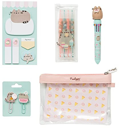 Grupo Erik - Set de Papeterie Pusheen Foodie Collection | Inclut : 1 Stylo 10 Couleurs, 5 Blocs de Notes Adhésives, 4 Surligneurs, 2 Trombones, Trousse | Fournitures Scolaires , Papeterie Kawaii