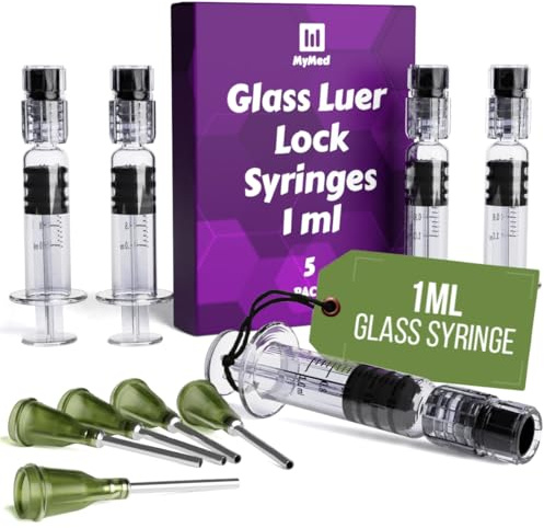 MyMed 5 Pack Borosilicate Glass Luer Lock Syringe 1ml Capacity Reusable Glass Syringes - Use for Arts and Crafts, Thick Liquids, Oils, Vet, Glue, Lab, Ink with GA Blunt Tip Pet Safe Needles