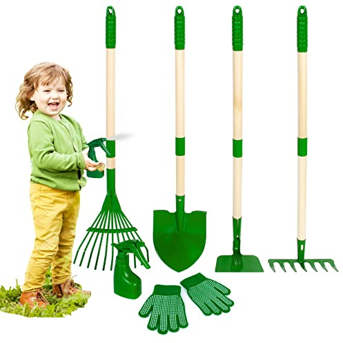 Duckura Kids Gardening Tools Set - 7pcs Garden Tool for Kids with Shovel, Rake, Hoe, Leaf Rake, Outdoor Summer Yard Lawn Digging Weed Toys, Christmas Birthday Gifts for Boys Girls Age 3 4 5 Years Old