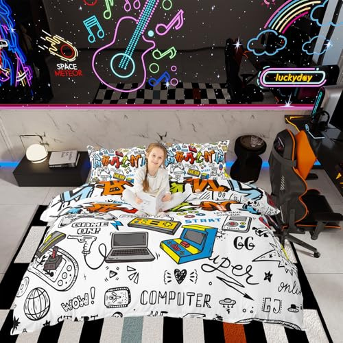 Juego de Ropa de Cama para Jugadores, Juego de Funda de edredón Reversible de Graffiti Multicolor, Juego de Funda de edredón Reversible para jóvenes, niños, Adolescentes, niños, decoración de habitac