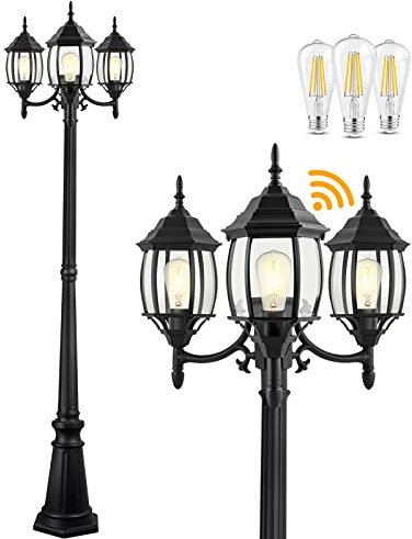 Dusk to Dawn Sensor Outdoor Lamp Post Light 3-Head, Classic Black Light Pole with Clear Glass Panels (3 LED Bulbs Included, Max.100W), Waterproof Outside Street Light for Backyard, Garden, Driveway