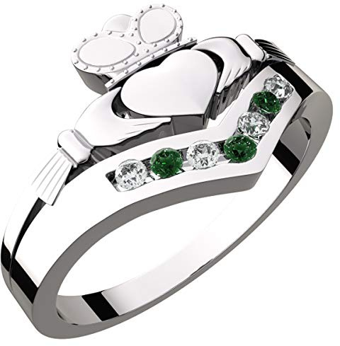 GWG Jewellery Claddagh Ring 925 Sterling Silver Adorned with Peridot Green Stones – 7 in Gift Box for Women