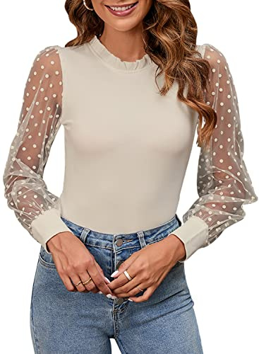 MISSJOY Womens Long Sleeve Blouse Business Casual Dressy Bodysuit Leotards Fall Ribbed Office Work Shirts