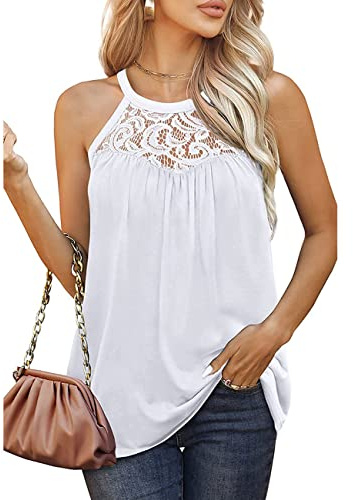 RPAEOY Camiseta Tirantes Mujer Tank Top Camisola Verano Cuello Halter Encaje Blusa sin Mangas Tops Elegante Ropa Casual Deporte Algodon