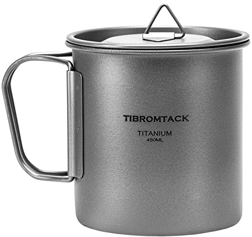 TIBROMTACK Camping Cup with Lid Pure Titanium Coffee Mug Ultralight 450ml Outdoor Small Camping Pot with Foldable Handle for Backpacking Hiking Travel and Daily Use with Mesh Bag