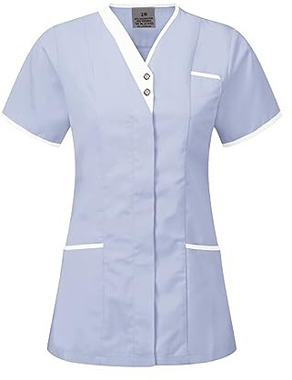 Skywear T25 Healthcare Woman Spa Salon Beautician Cross Neck Tunic Nail Massage Therapist Shirts Top, Sky with White Trim, Size 10