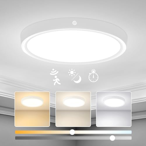 Yafido Deckenlampe mit Bewegungsmelder 9W-12W-18W, 3000K-6000K LED Deckenleuchte Flach 22CM, IP44 Rund Deckenleuchte mit Bewegungsmelder, 2M 4M 8M Erfassungsabstand Einstellbar