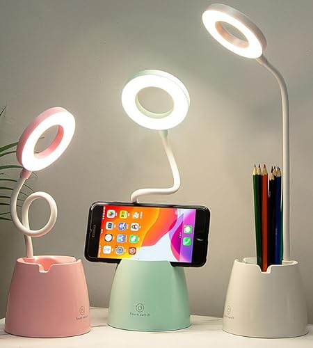 Lámpara LED de Escritorio Recargable con Cuello Flexible, 3 Modos de Luz y Brillo Regulable, Soporte para Móvil y Portalápices, Ideal para Estudio y Oficina, Adaptador Incluido (Verde Menta)