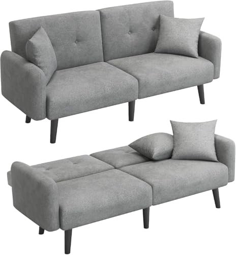 Divano letto a 3 posti Kirby, futon divano letto in tessuto con braccioli, schienale regolabile clic clac, divano con 2 cuscini e gambe in legno, per soggiorno, camera degli ospiti e ufficio Grigio