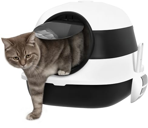 PawHut Lettiera per Gatti con Coperchio, Paletta e Deodorante Inclusi, Lettiera Chiusa con Design Pieghevole e Maniglia, in PP e ABS, 52x41x38 cm, Bianca e Nera