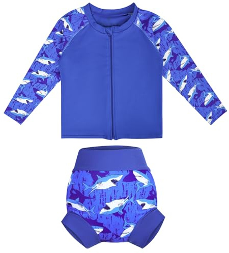 FLYISH DIRECT Maillot de Bain pour Bébé Garcon, 2 Pièces, Manches Longues, Protection UPF 50+ Costume de Natation avec Couche de Natation, Maillot de Bain avec Fermeture éclair Bébé Garcon, Requin, L