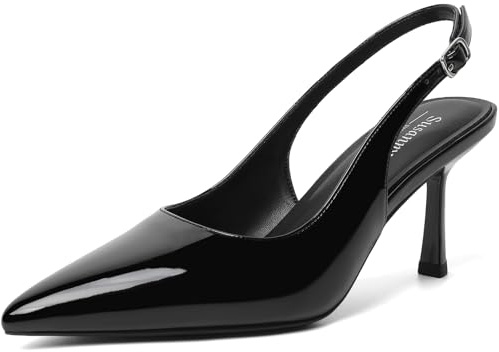 Susanny Black Slingback Heels for Women Closed Toe Pointed Ankle Strap Stiletto High Patent Leather Sexy Kitten Women's Pumps Strappy Casual Dressy Shoes Comfortable Wedding Brida Party Office Size 9