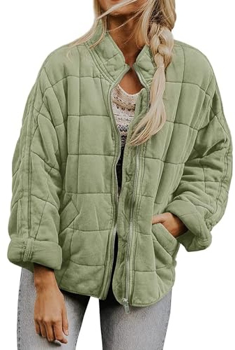 Chaquetas de invierno para mujer Reino Unido, chaqueta acolchada ligera de color liso para mujer con bolsillos, abrigos cálidos de invierno de manga larga con cremallera completa, verde claro, M