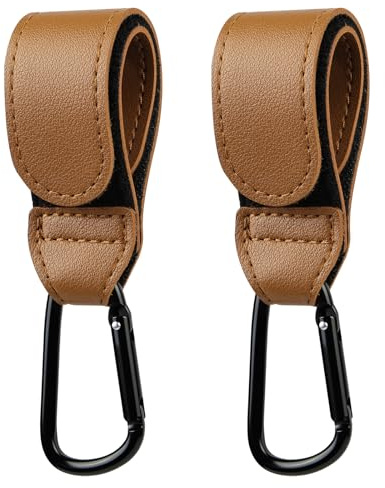 URAQT Ganci Passeggino, 2 Pezzi marrone Ganci per Passeggino Gancio per borsa della spesa, Gancio Passegginos Universale Sicuri Resistenti, Passegginos Accessori in Pelle, Antiscivol, Fino a 5 kg