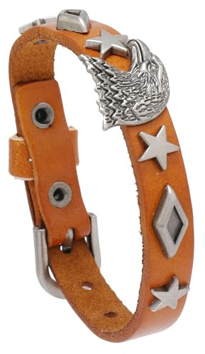 Bracelet En Cuir Homme,Bracelet En Cuir Marron Clair, Ajustable Et Léger, Style Rétro Chic, Orné D'Étoiles Et De Clous Géométriques. Bijou Énergétique Unisexe.