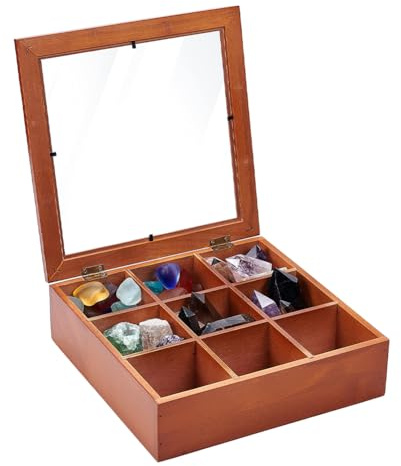 UNICRAFTALE 9-Grid Wooden Rock Display Box Wood Specimen Case 72mm Compartment Brown Crystal Storage Stone Collection Holder for Minerals Trinkets Jewelry Organizer 24x24x7.1cm