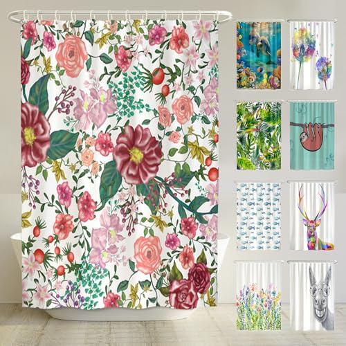 arteneur® - Rote Rosen - Anti-Schimmel Duschvorhang 180x200 - Recycelt mit Öko-Tex Standard 100 - Beschwerter Saum, Blickdicht, Wasserdicht, Waschbar, 12 Ringe in Rosa & E-Book mit Reinigungs-Tipps