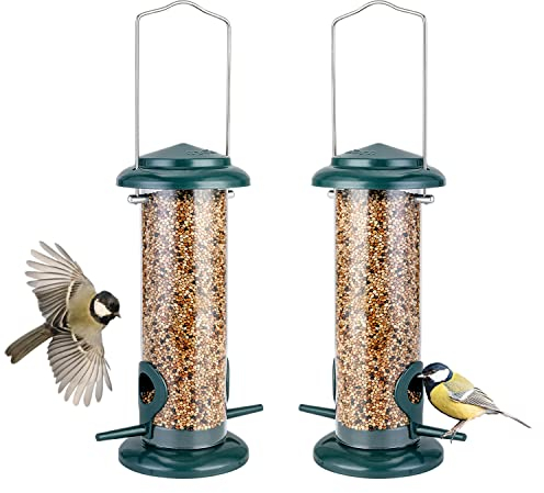 iBorn Metal Bird Feeder Hanging Wild Bird Seed Feeder for Mix Seed Blends,Niger Seed Feeder,Sunflower Heart,Birdbath,Heavy Duty All Metal Green Finishing,8 Inch(20.3 CM),Green,2 Pack
