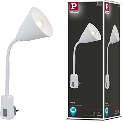 Paulmann Lámpara enchufable Junus 95428 con brazo flexible, lámpara de metal blanco de hasta 20 vatios, lámpara de plástico E14 sin bombilla