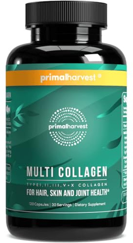 Primal Harvest Multi Collagen Pills for Women and Men (Type I, II, III, V, X) 120 Capsules w/Vitamin C for Hair, Skin, Nails