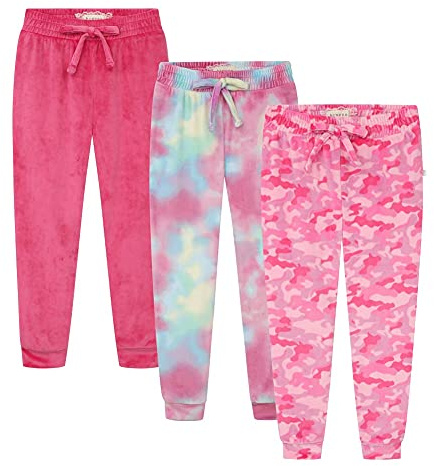 BTween Girls 3 Pack Velour Jogger Pant Set Solid, Tie Dye, Camo Sweatpants for Girls, Pink Size 10/12
