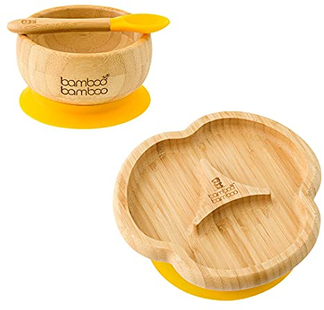 bamboo bamboo Baby Teller Baby Geschenk, Kindergeschirr set mit Sugnapf Teller Baby Schüssel und Baby Löffel, Kindergeschirr mit Saugnapf ab 6 Monaten (Divider, Gelb)