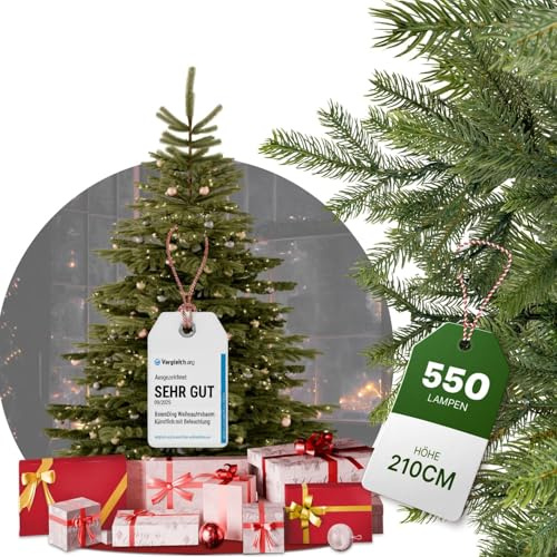 BoomDing Weihnachtsbaum mit Beleuchtung 210 cm mit 550 Lichtern & Tasche – künstlicher Tannenbaum mit Beleuchtung, Metallfuß & langlebiger Aufbewahrung – Christbaum künstlich wie echt