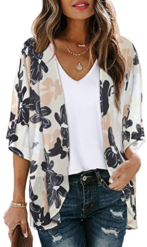 Women Kimono Cardigan Sheer Beach Coverups Chiffon Loose Casual Open Front Tops (Dasiy KhakiL)