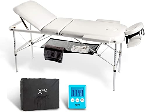 Lettino da Massaggio Portatile in Pelle ECO di Alta Qualità, XXL 3 Zone, Telaio in Alluminio, Pieghevole, Cavi in Acciaio Inox, Poggiatesta, Braccioli, Rete, Borsa Trasporto e Timer (BIANCO)