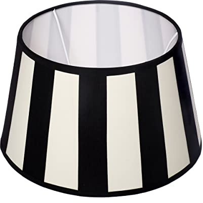 Brillibrum Pantalla de lámpara de mesa a rayas con estampado de rayas para portalámparas E27 diseño a rayas lámpara de mesa ovalada redonda de tela (Negro - Crema, Redonda: 25x19x15cm)