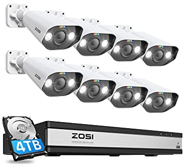 ZOSI 4K Kit de Cámara de Vigilancia PoE 8pcs 5MP Sistema de Seguridad con 16CH 8MP NVR y 4TB HDD, Visión Nocturna en Color, Detección IA de Personas y Vehículos, Audio Bidireccional