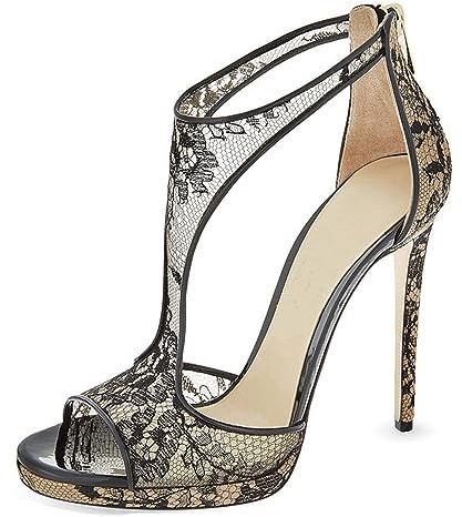 WOkismD Femmes Mesh Dentelle Stiletto Sandales Plate-Forme Bout Ouvert Talons Hauts Fermeture À Glissière Dos T-strap Sandales À Talons De Mariage De Bal De Soirée Robe De Soirée Chaussures,Noir,41
