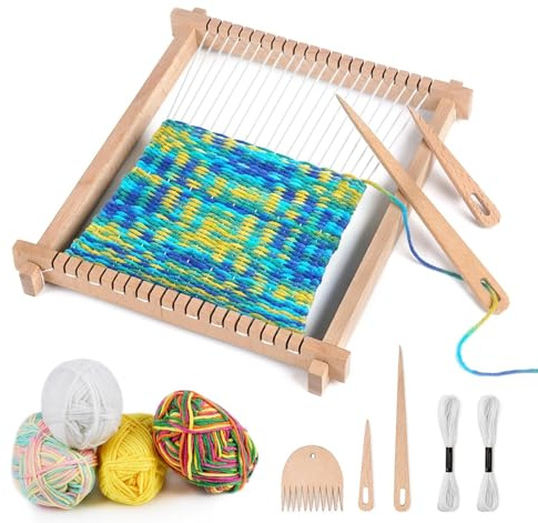 Homewit Weaving Loom Kit, 24x28cm Wooden Weaving Frame Adjustable Knitting Machine, STEM Knitting Loom Kits Educational Toy with Yarns,Rods,Combs and Shuttles, Suitable for Beginner & Kids